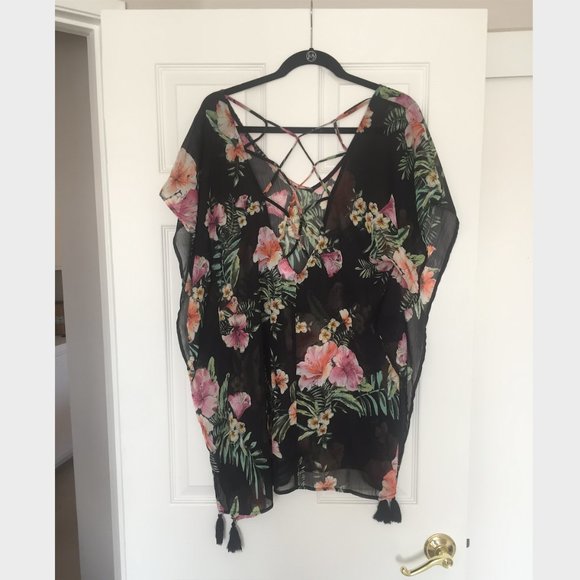 Black Tropical Sheer Swim Cover Up - Picture 2 of 2